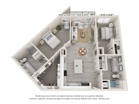 Floor plan for 2 beds, 2 baths, 1250 sqft